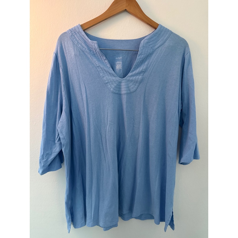 Pure Jill by J Jill Tunic Top Womens 2XL Blue Trapunto 3/4 Sleeve Linen Blend